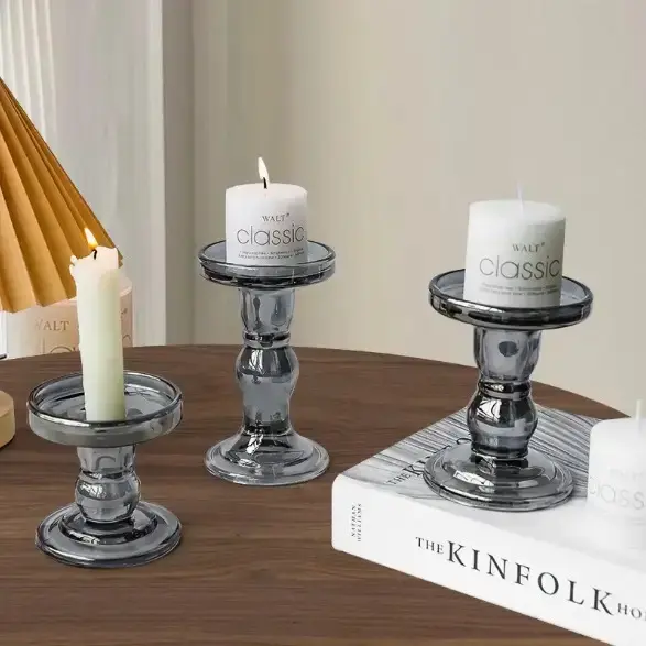 Vintage Glass Roman Column Shape Grey Retro Candle Holders - Medium