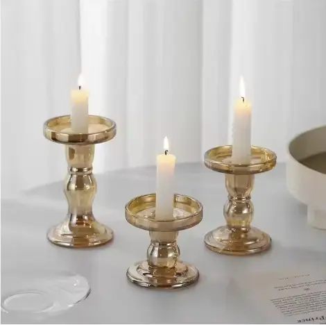 Vintage Glass Roman Column Shape Amber Retro Candle Holders - Small