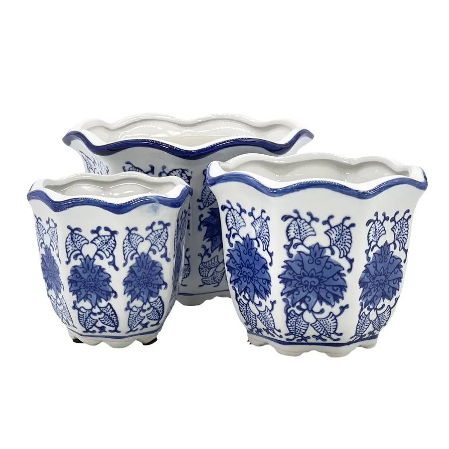 Ceramic Chinoiserie Planter Pot - Blue 6" Round Hexagon Pot with Scalloped Edge