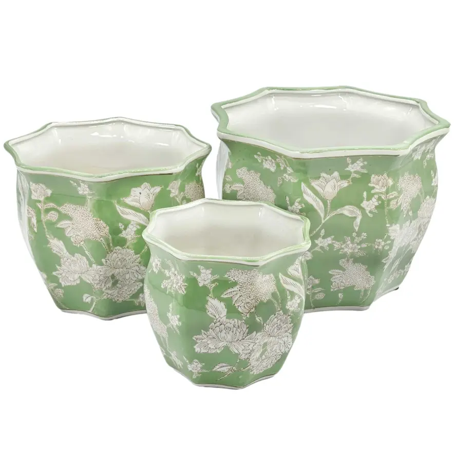 Ceramic Chinoiserie Planter Pot - Green 7.5" Round Hexagon Pot with Fluted Edge