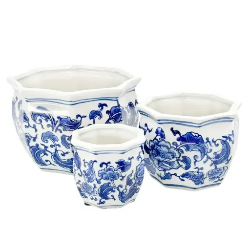 [BFV-CZ68057AM-M] Ceramic Chinoiserie Planter Pot - Blue 6" Round Hexagon Pot with Fluted Edge