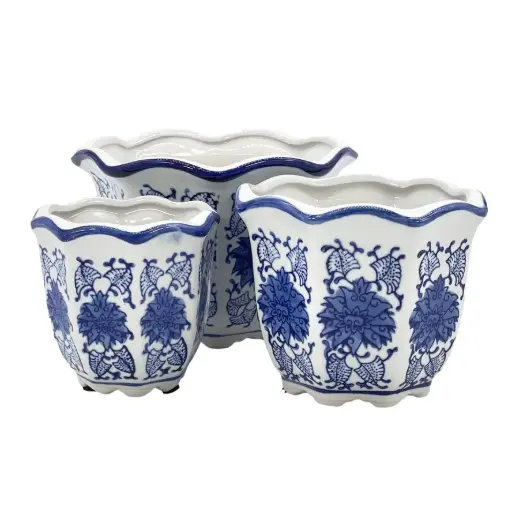 [BFV-CZ68056AM-L] Ceramic Chinoiserie Planter Pot - Blue 8" Round Hexagon Pot with Scalloped Edge