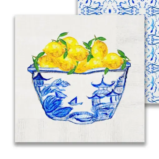[BGD-PCK709] Blue and White Bowl with Lemons Cocktail Napkins, 12ct