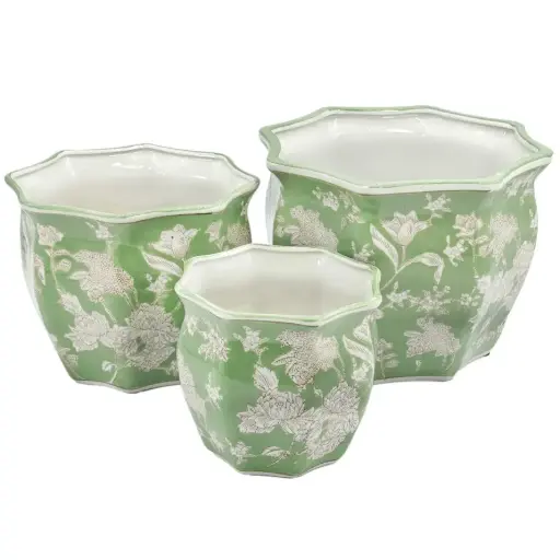 [BFV-CZ68125AM-L] Ceramic Chinoiserie Planter Pot - Green 13" Round Hexagon Pot with Fluted Edge